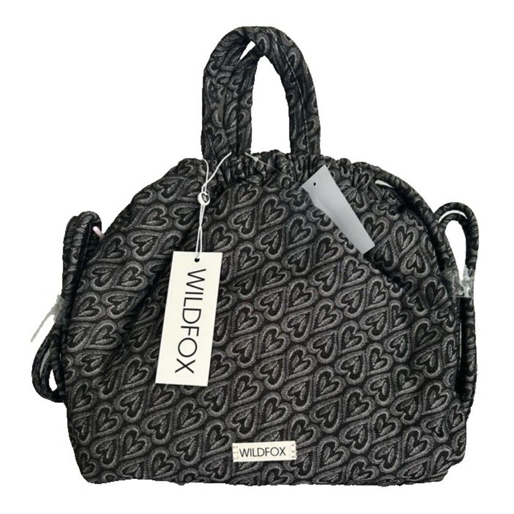 WILDFOX Heart Jacquard Drawstring Tote Bag‎ Gray Black Convertible Backpack NWT